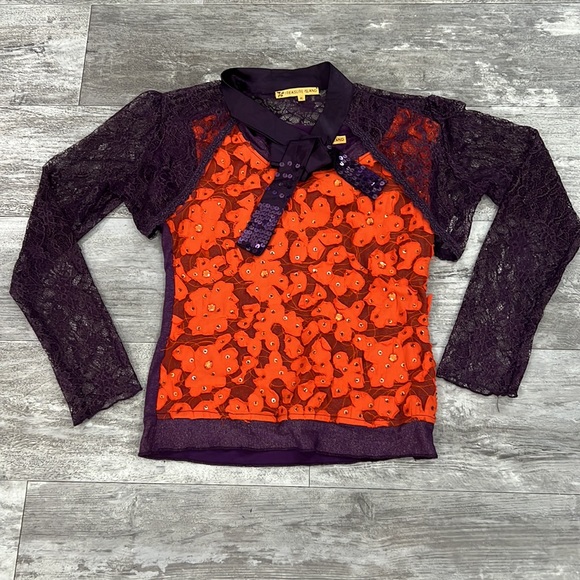 VINTAGE 90S RETRO ORANGE PURPLE LACE THREE PIECE TOP SKIRT - Picture 10 of 16